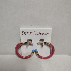 Betsey Johnson Book Smart Pink  Enamel Pencil Hoop Earrings NEW